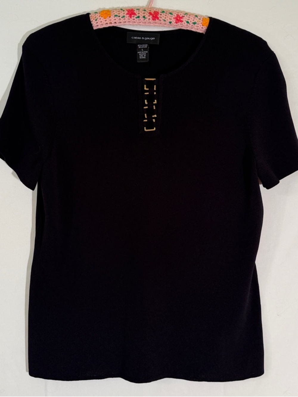 Cable & Gauge Black Short Sleeve Knit Top with Gold Hardware